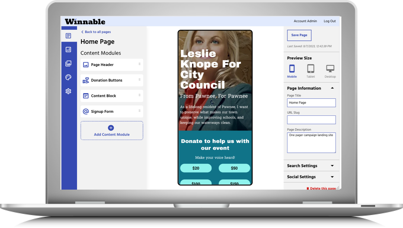 preview of Winnable admin experience with a demo site builder for a campaign page for Leslie Knope for City Council